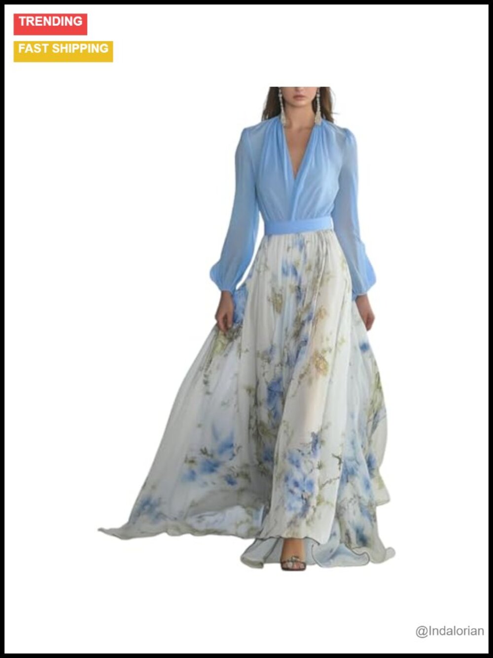 Women's Long Sleeve Floral Chiffon Boho Maxi Dress Wedding Guest